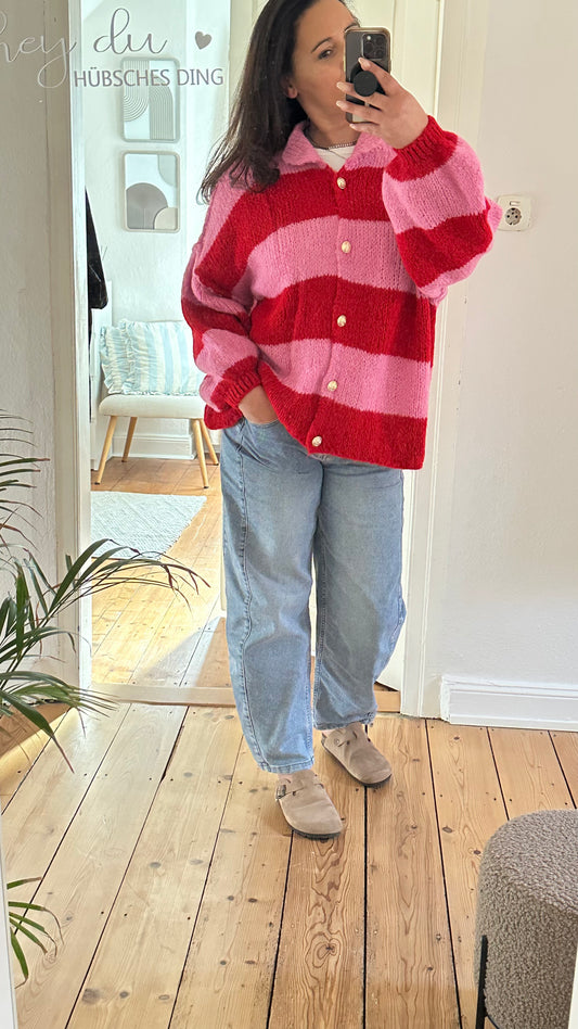 Gestreifte Strickjacke in Pink & Rot