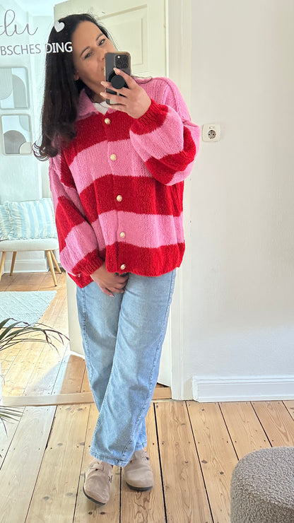 Gestreifte Strickjacke in Pink & Rot